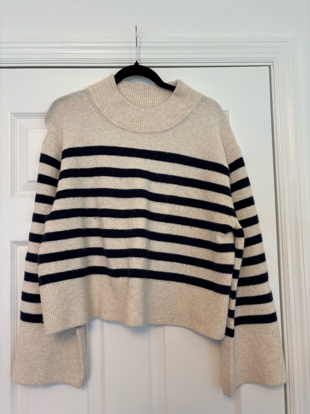 J.Crew Striped Wool Blend Mock Neck Sweater Medium Cream Navy Cropped